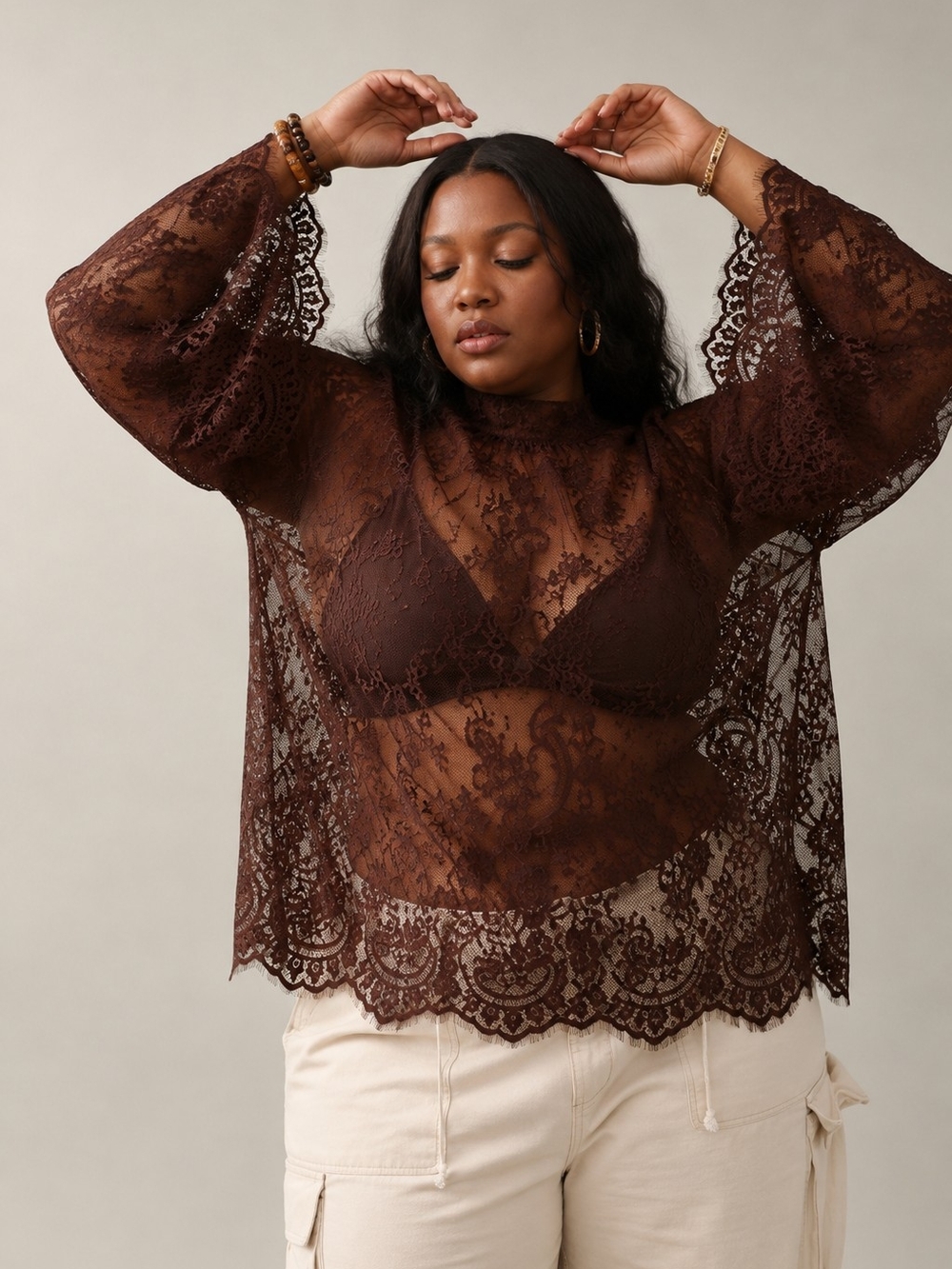 Sheer Lace High-Neck Bralette Top in Chocolate Brown